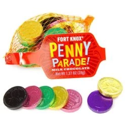 Assorted Colors Foiled Milk Chocolate Penny Parade Coins In Mesh Bags: 20-Piece Box
