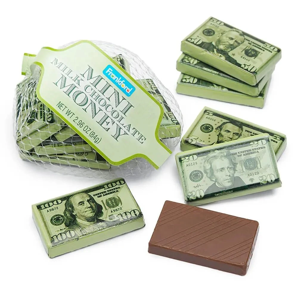 Foiled Milk Chocolate Money Mini Bars In Mesh Bags: 18-Piece Box 3 Foiled Milk Chocolate Money Mini Bars In Mesh Bags: 18-Piece Box